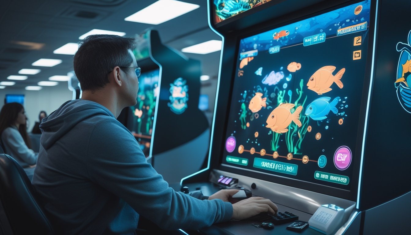 Orang dewasa mengamati permainan tembak ikan di mesin arcade sambil memperhatikan anggaran dan risiko.