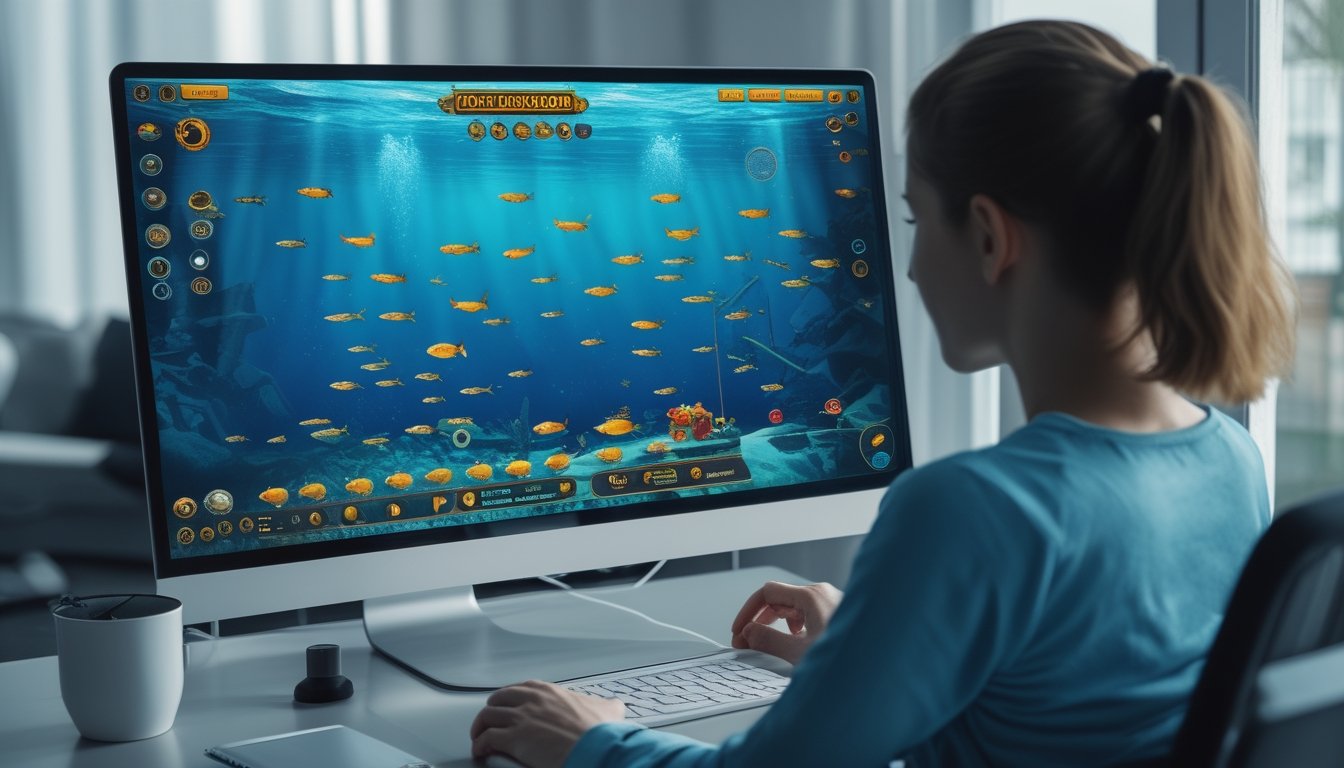 Seseorang memainkan permainan menembak ikan virtual dengan menargetkan ikan yang berada jauh di layar.