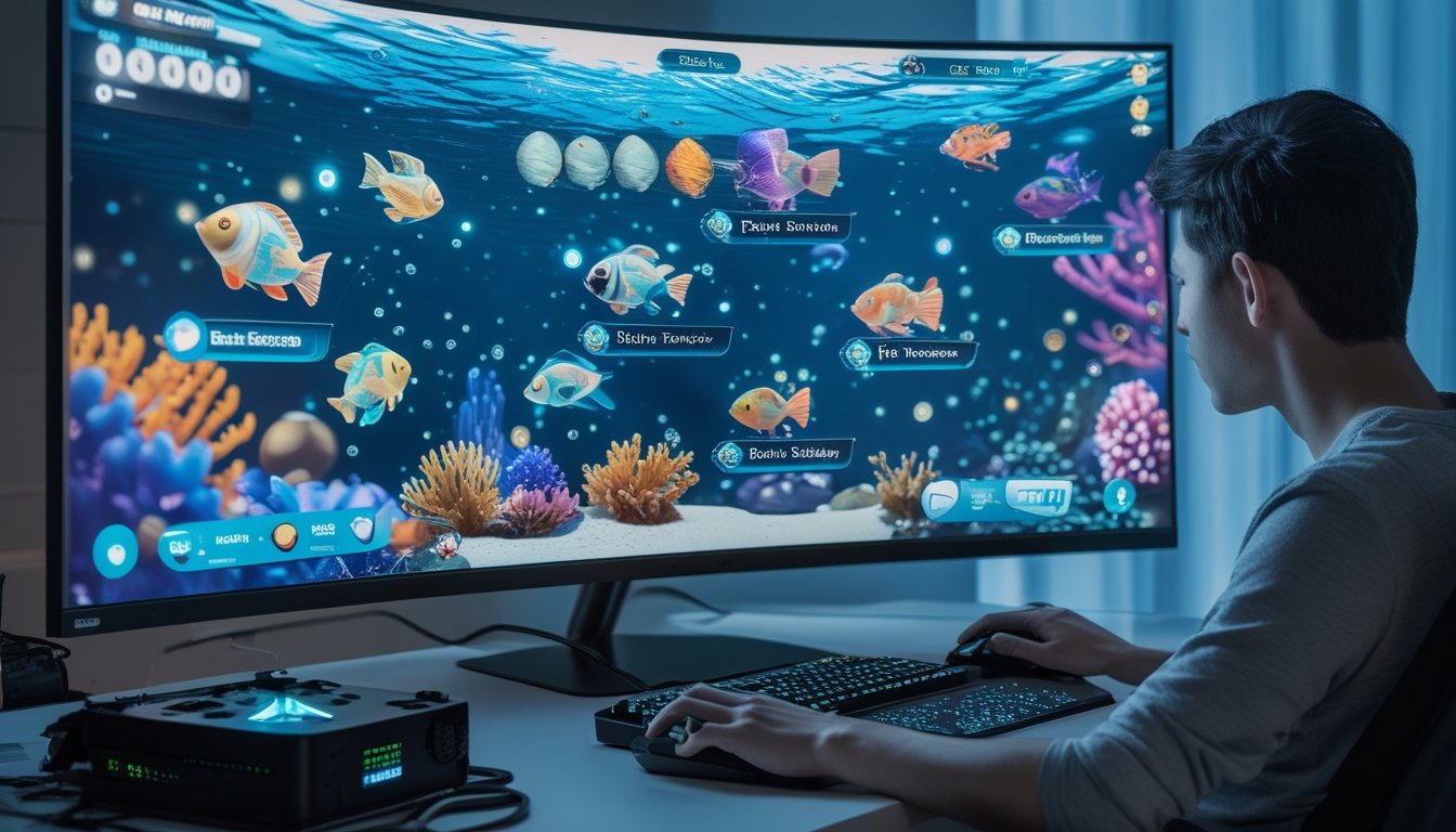 Seorang pemula memilih berbagai senjata dalam permainan tembak ikan online di depan komputer.