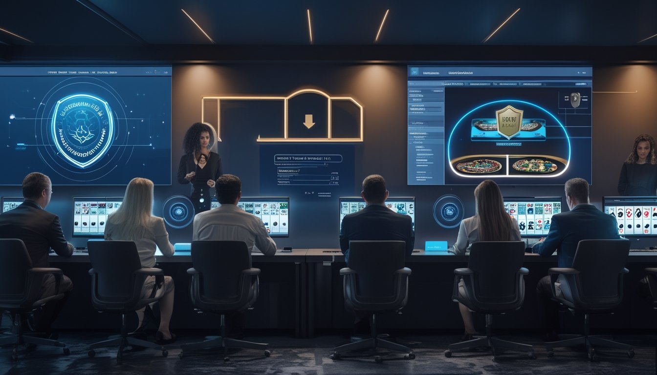 Orang dewasa menggunakan perangkat digital untuk mengakses platform kasino langsung yang aman di lingkungan kantor modern.