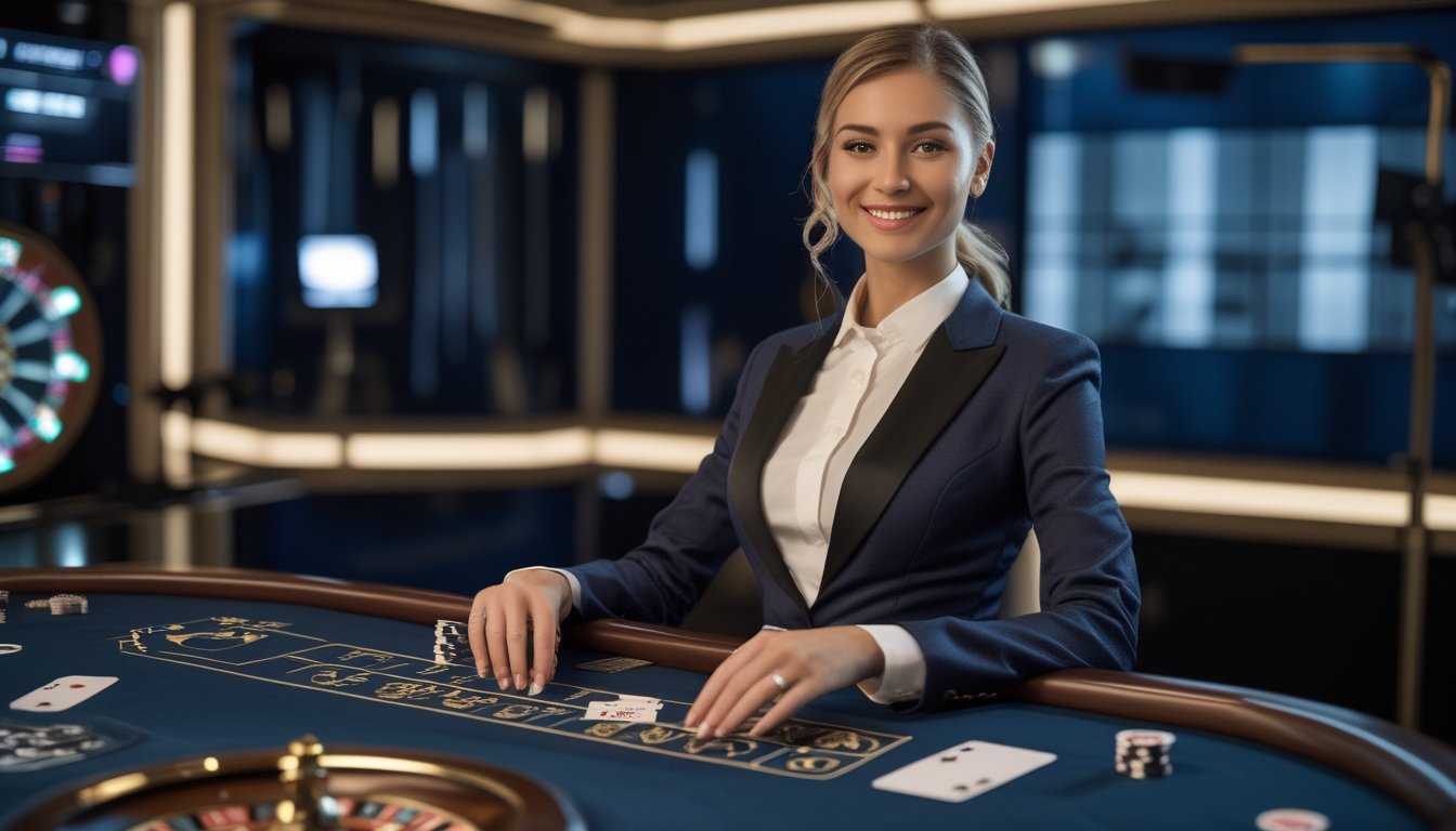 Dealer perempuan profesional duduk di meja kasino dengan kartu, roda roulette, dan keping kasino di studio modern.