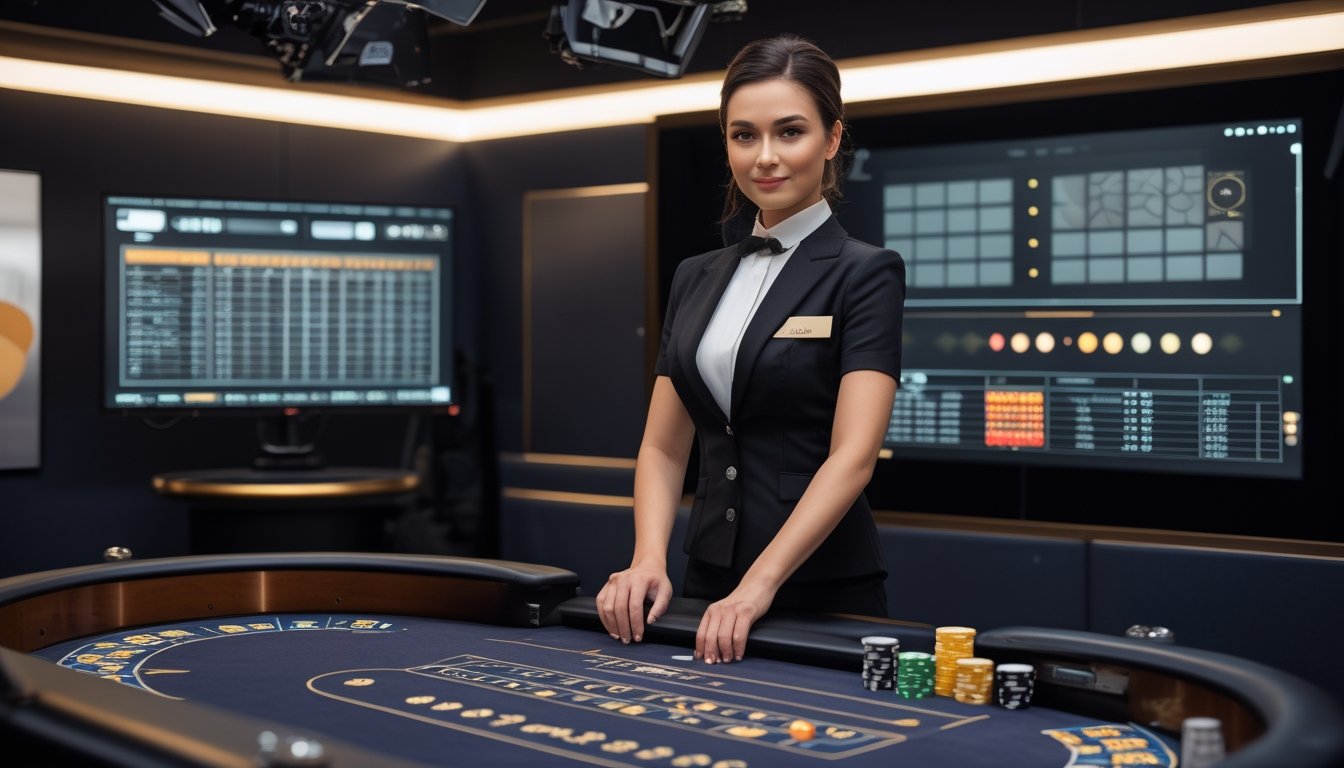 Dealer wanita berdiri di studio live casino modern dengan meja permainan dan peralatan siaran profesional.
