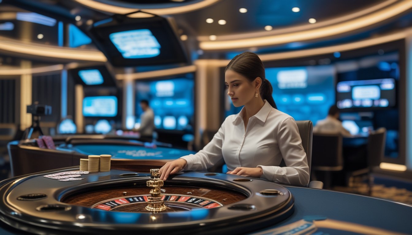 Dealer berada di meja roulette dalam studio kasino live modern dengan peralatan siaran dan meja blackjack di latar belakang.