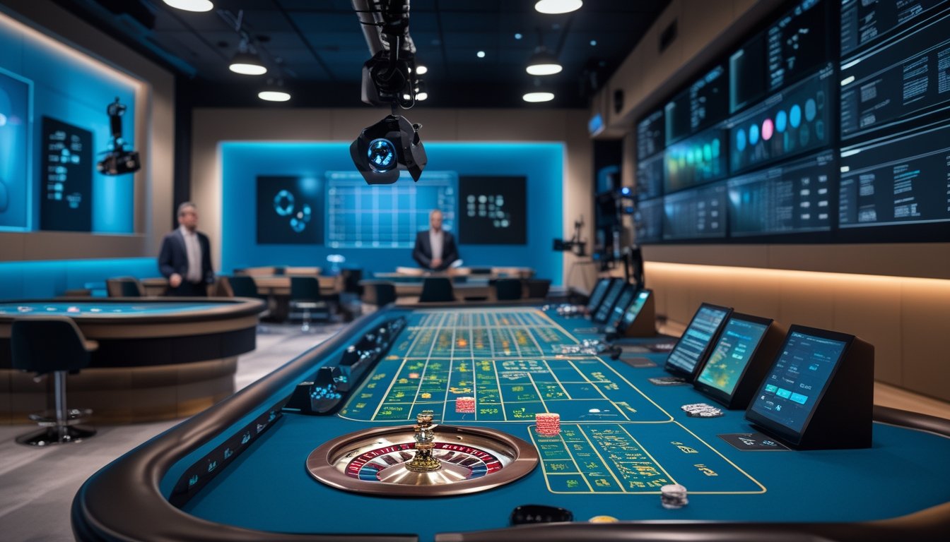 Dealer memandu permainan roulette di studio kasino modern dengan kamera siaran dan layar analisis di latar belakang.