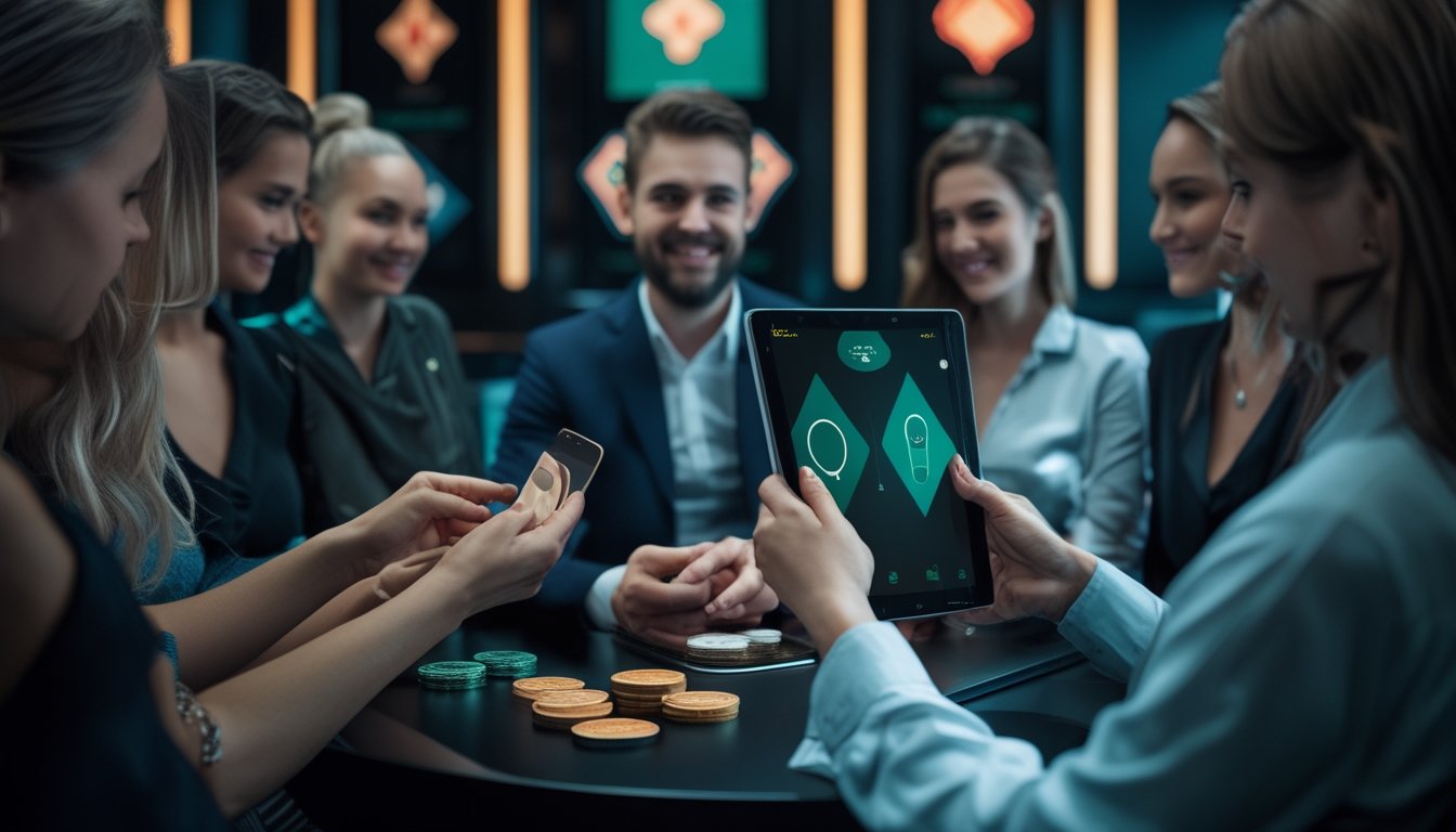Sekelompok orang dewasa melihat tampilan permainan kasino langsung yang samar pada perangkat digital di lounge elegan.