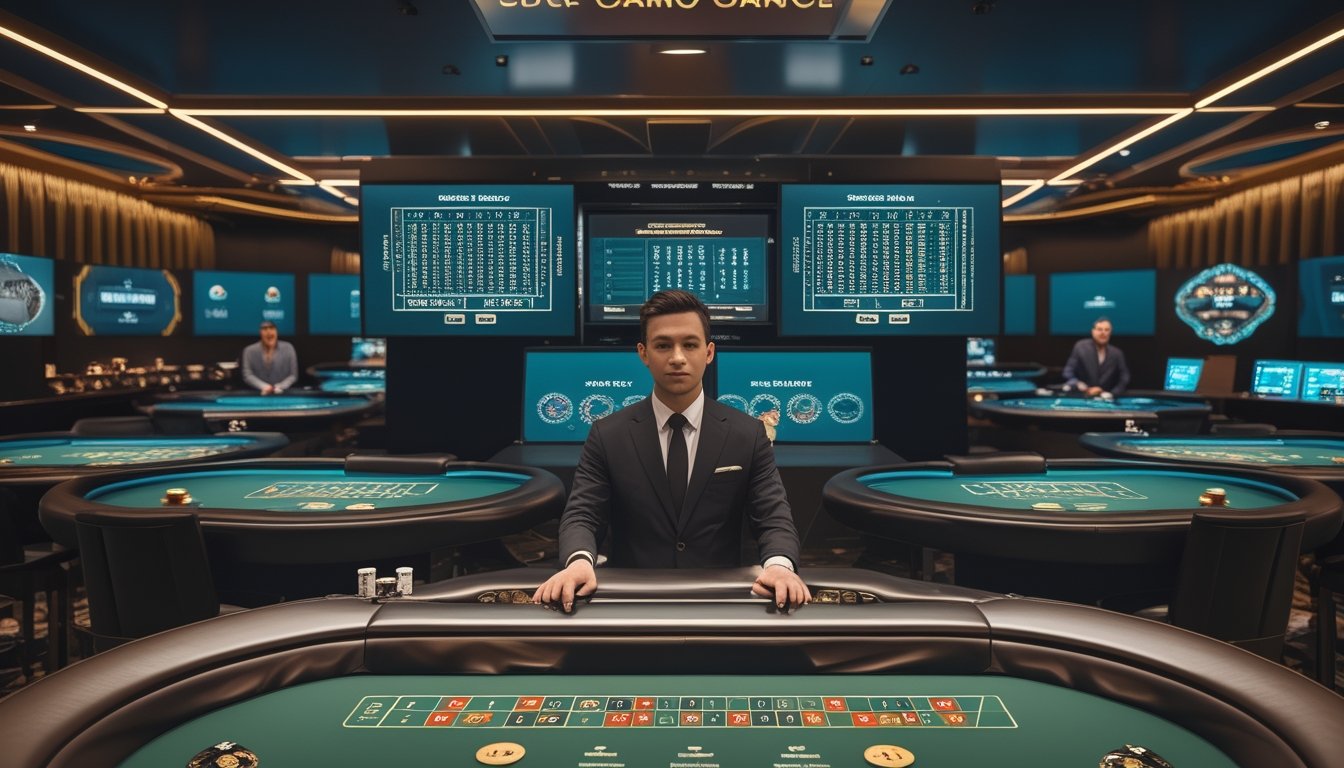 Beberapa meja kasino live dengan dealer dan pemain ditampilkan bersamaan pada layar modern.