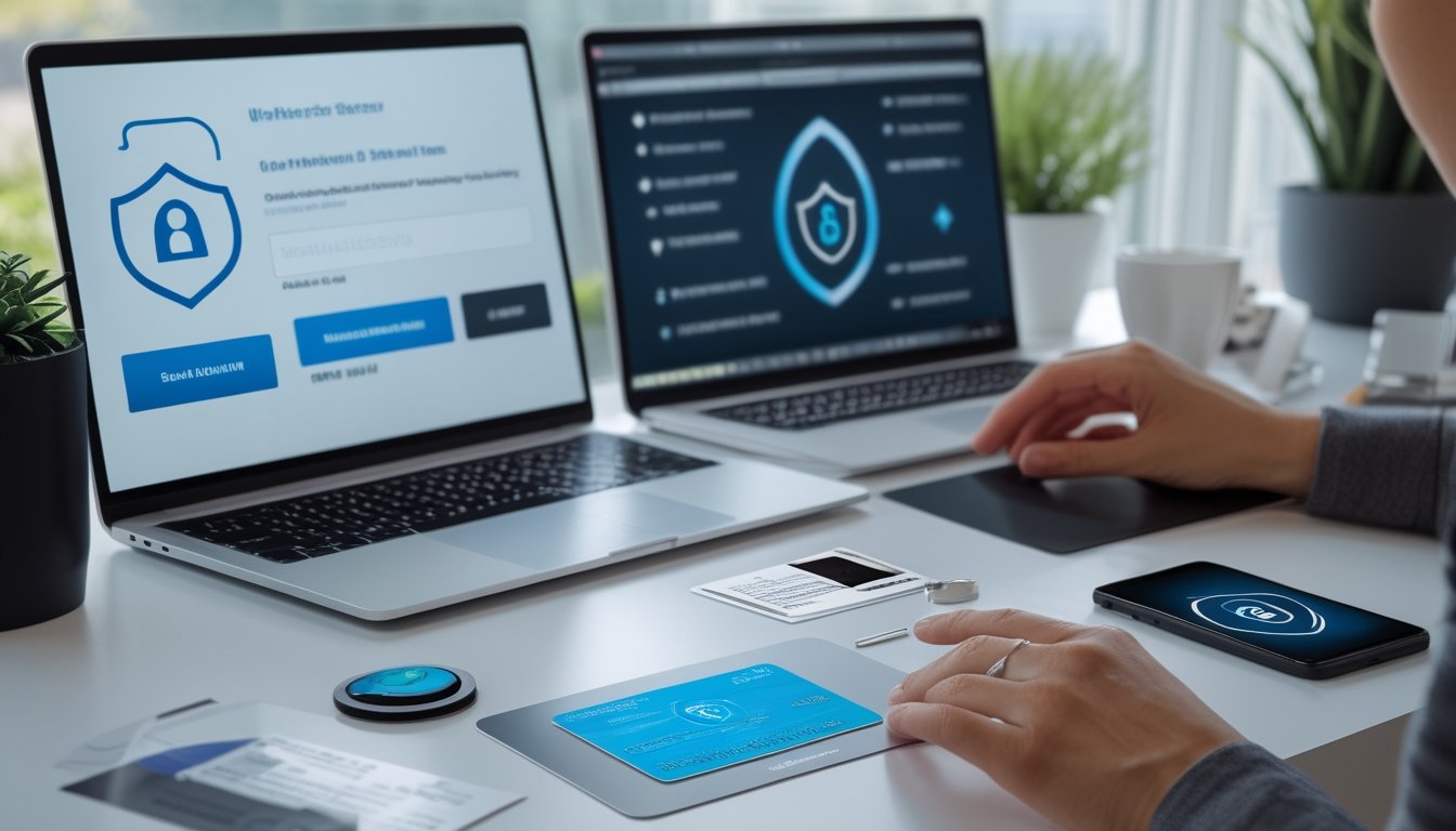 Seseorang menyiapkan laptop dan ponsel untuk proses pendaftaran akun daring yang aman.
