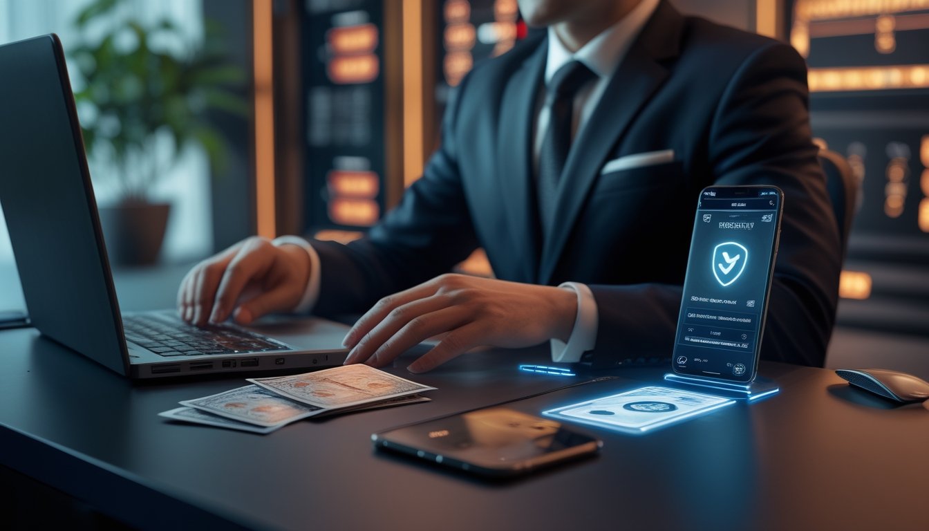 Profesional layanan pelanggan menggunakan laptop di ruang kerja elegan dengan elemen transaksi digital dan suasana kasino yang samar.