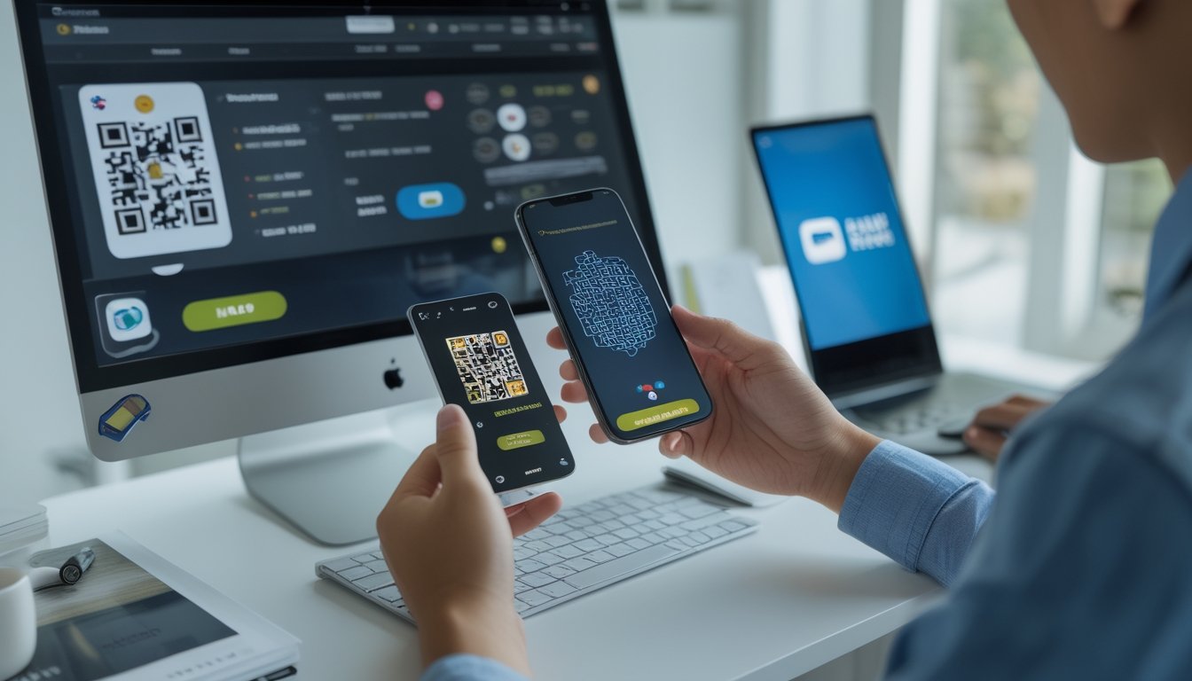 Seseorang menggunakan ponsel dan laptop untuk melakukan pembayaran digital melalui kode QR di ruang kerja modern.