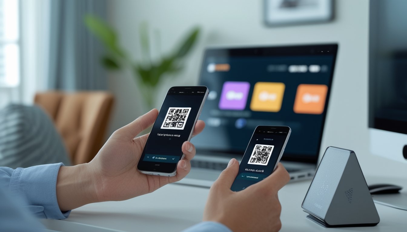 Pengguna memindai kode QR dengan ponsel untuk melakukan pembayaran digital di depan perangkat dengan tampilan kasino daring.