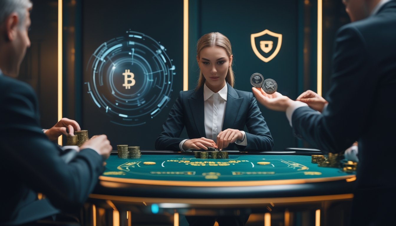 Dealer kasino profesional melayani permainan live di studio modern dengan elemen keamanan digital dan mata uang kripto.