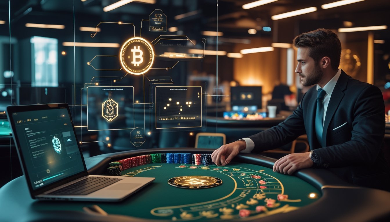 Dealer profesional memandu permainan kasino langsung dengan tampilan teknologi kripto dan keamanan digital di latar belakang.