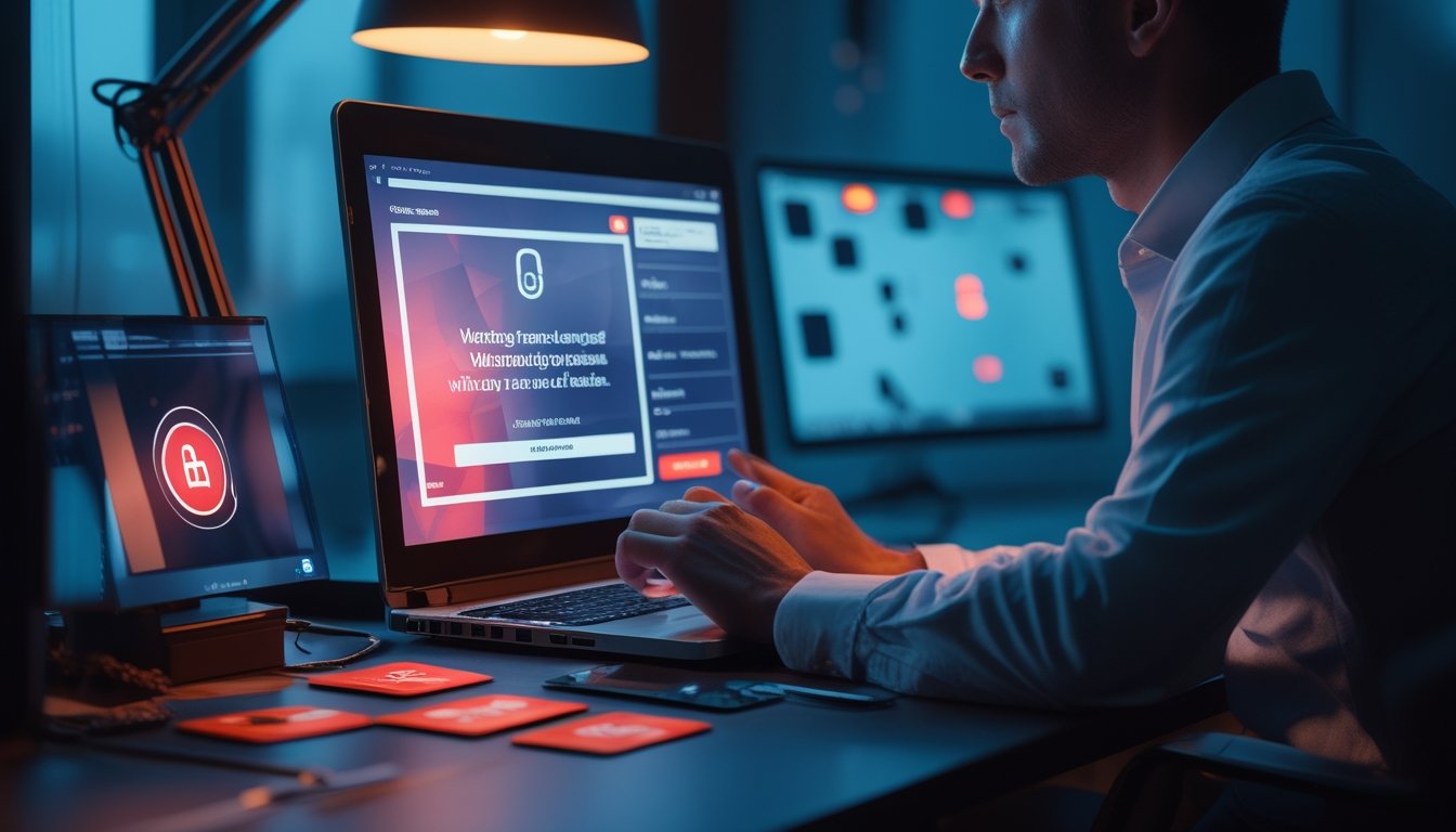 Seseorang memeriksa laptop dengan tanda-tanda peringatan penipuan kasino daring di meja kerja.