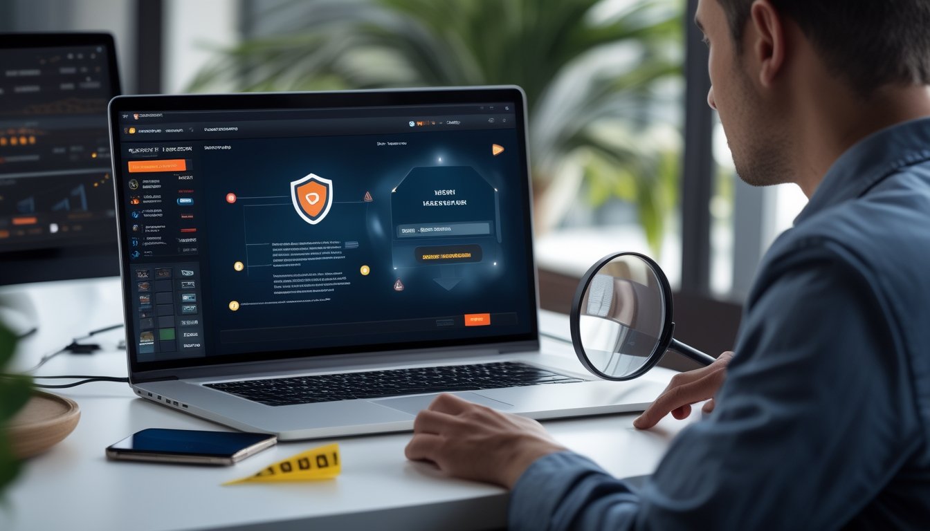 Seseorang memeriksa laptop dan ponsel dengan tanda peringatan keamanan pada platform kasino daring yang mencurigakan.