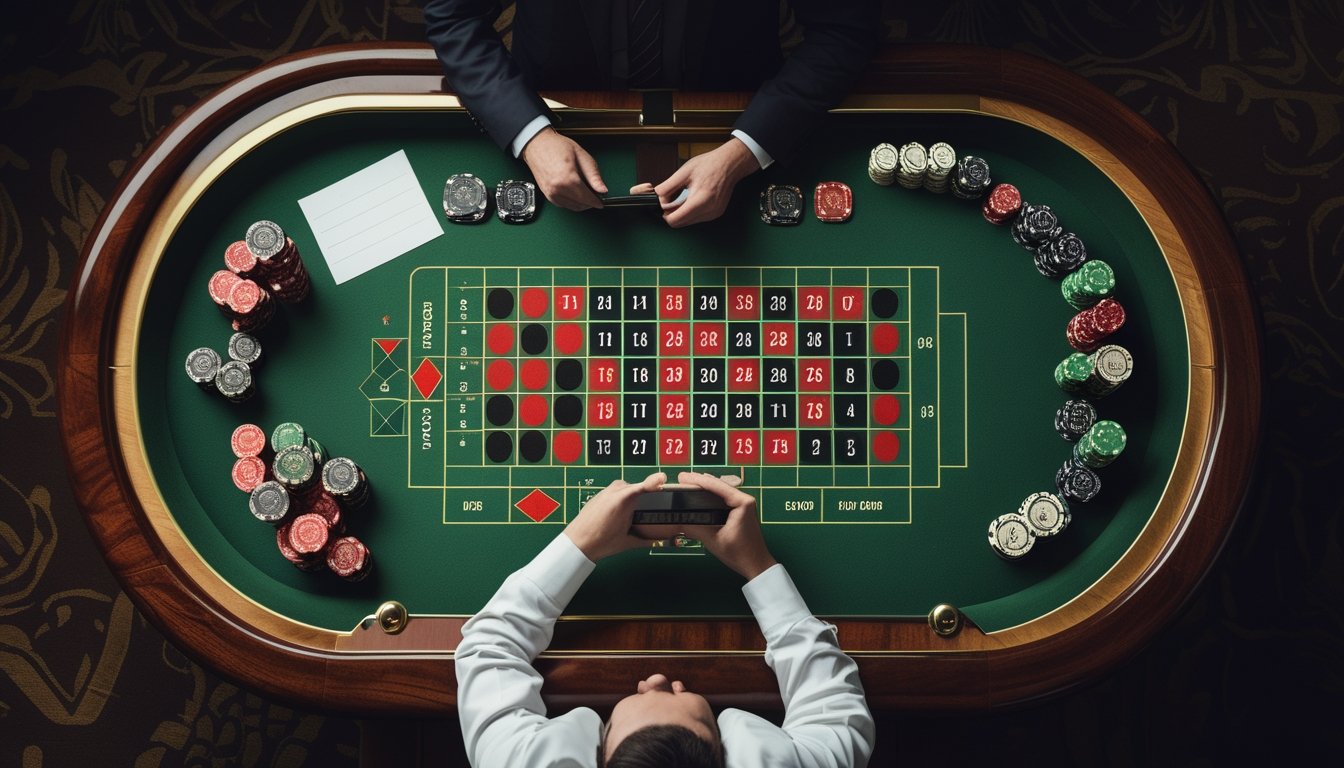 Meja roulette Amerika dengan roda roulette, keping taruhan, kalkulator, dan lembar kerja kosong.