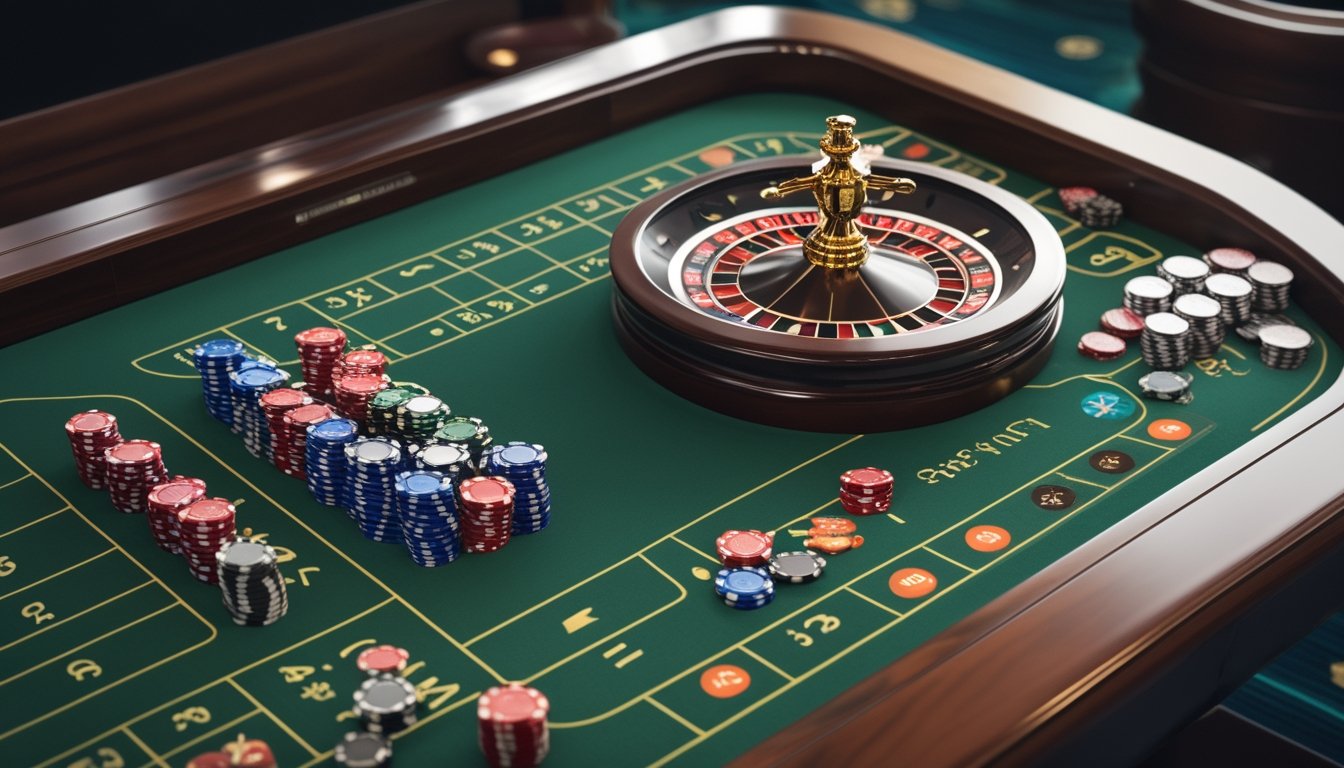 Meja roulette Amerika dengan roda roulette dan keping taruhan yang tersusun di atas kain hijau.