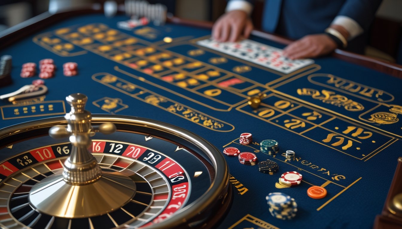 Dealer memandu permainan roulette Amerika di meja kasino dengan roda roulette dan keping taruhan.