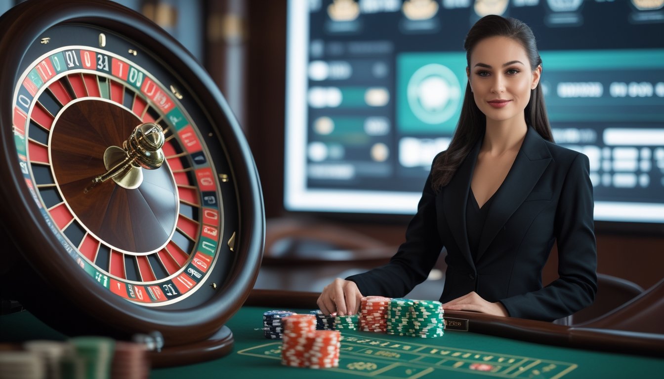 Dealer memandu permainan roulette Amerika di studio kasino dengan roda roulette, meja hijau, dan keping taruhan.