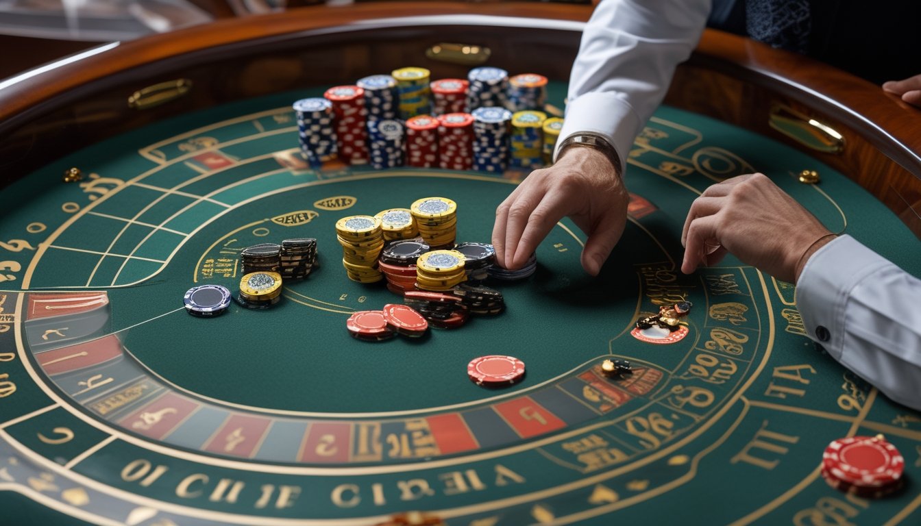 Tangan pemain dan bandar menata keping taruhan di atas meja roulette Amerika.