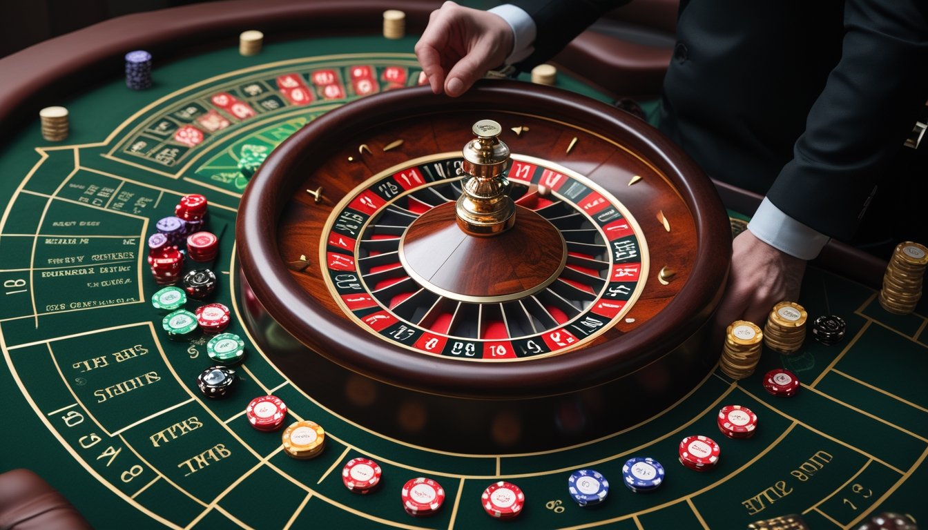 Meja roulette Amerika dengan roda roulette, keping taruhan, serta area taruhan inside dan outside.