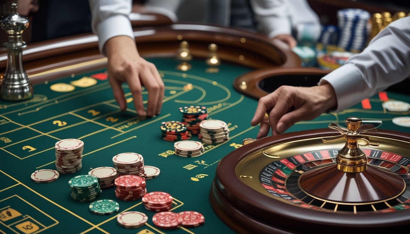 Meja roulette Amerika dengan roda berangka nol ganda dan perlengkapan kasino, disandingkan dengan tata letak roulette varian lain.
