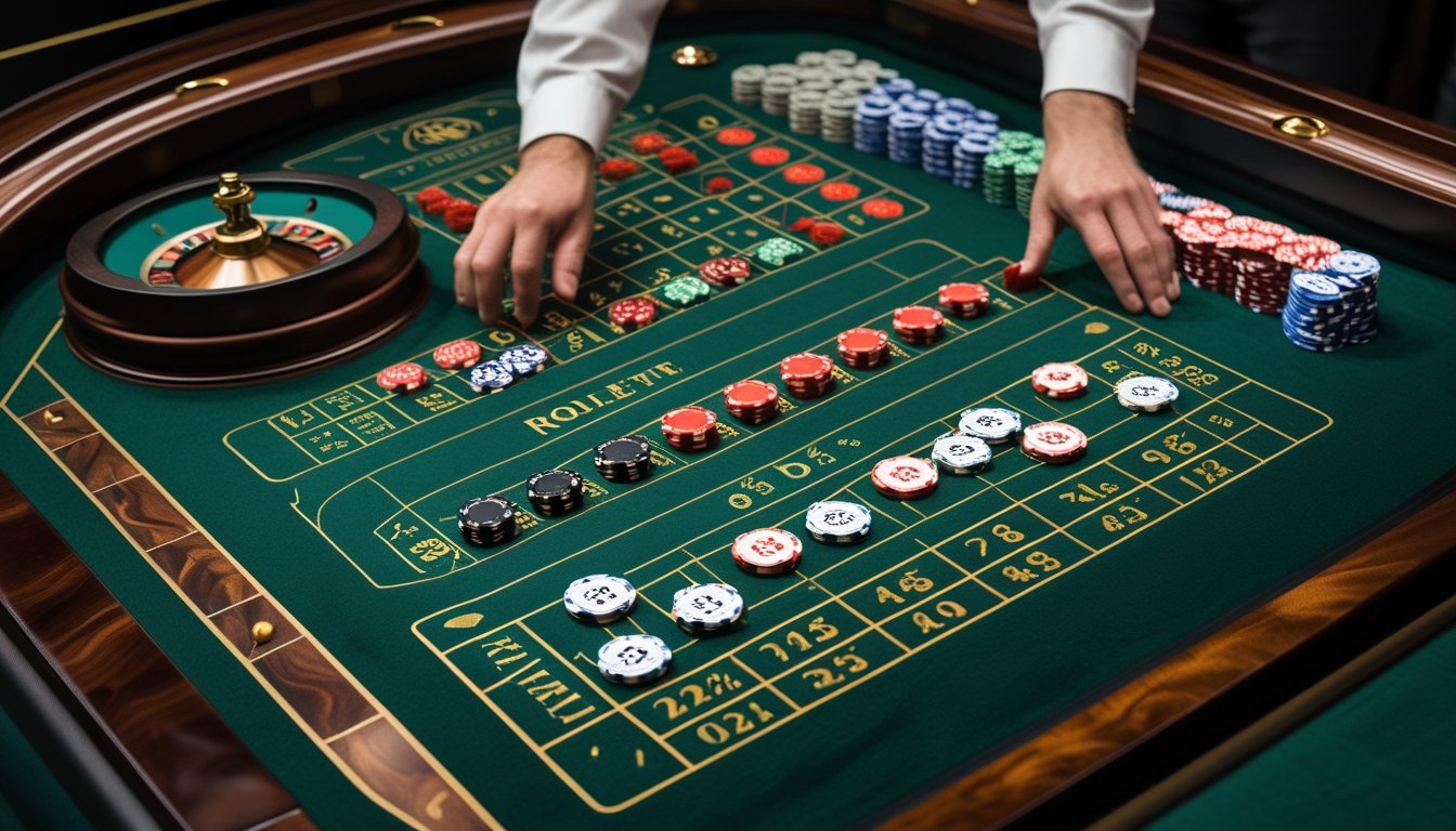 Meja roulette Amerika dengan keping taruhan yang tersusun pada area kolom dan lusin.