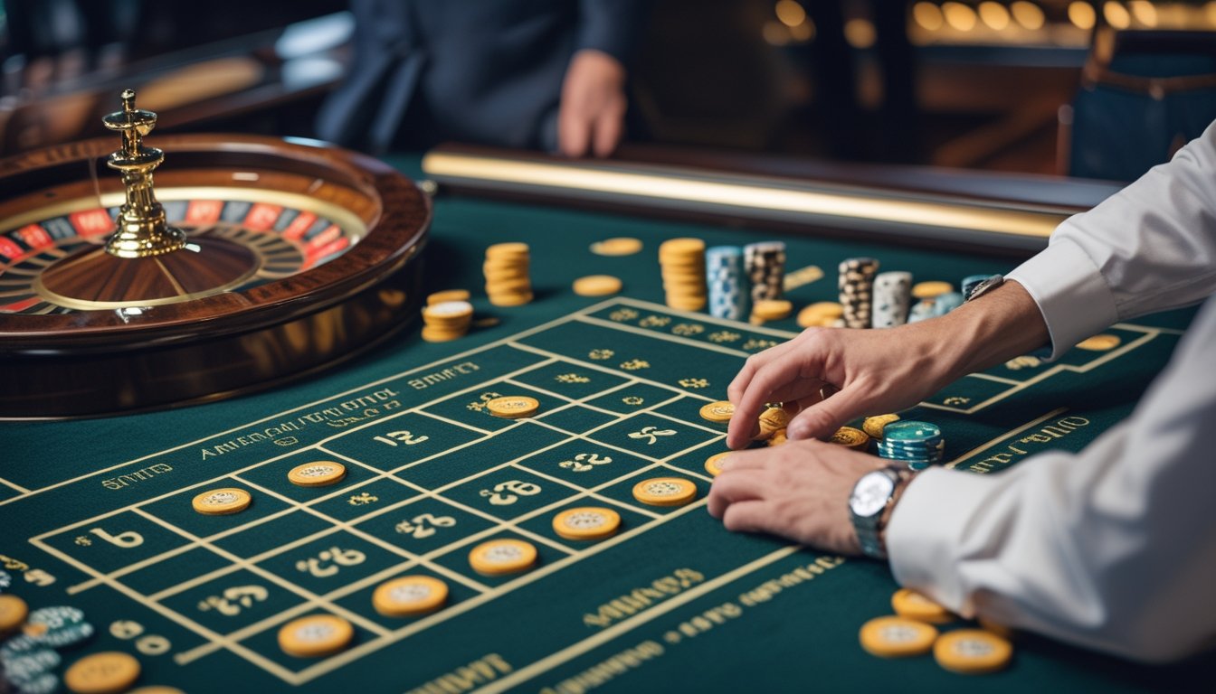 Meja roulette Amerika dengan roda roulette dan keping taruhan yang ditempatkan pada area kolom serta lusin.