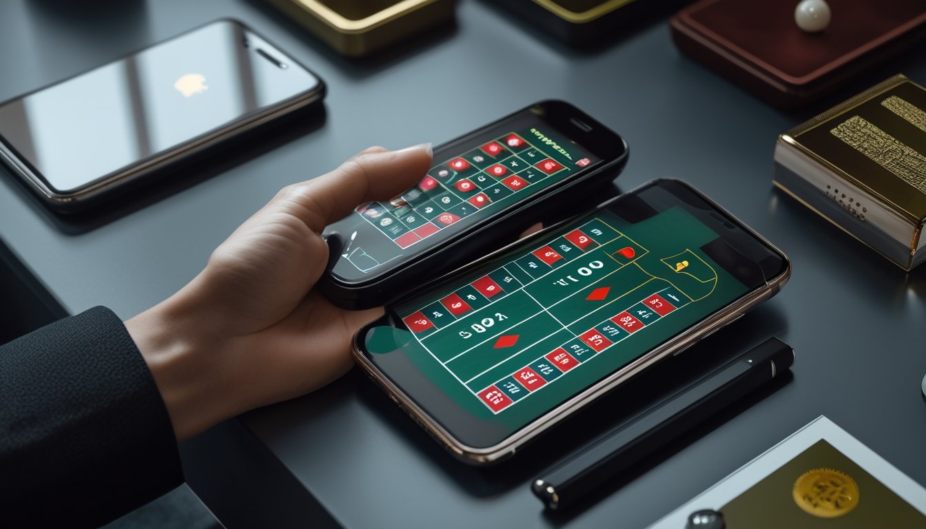 Ponsel menampilkan permainan roulette Amerika dengan roda roulette di latar bernuansa kasino.