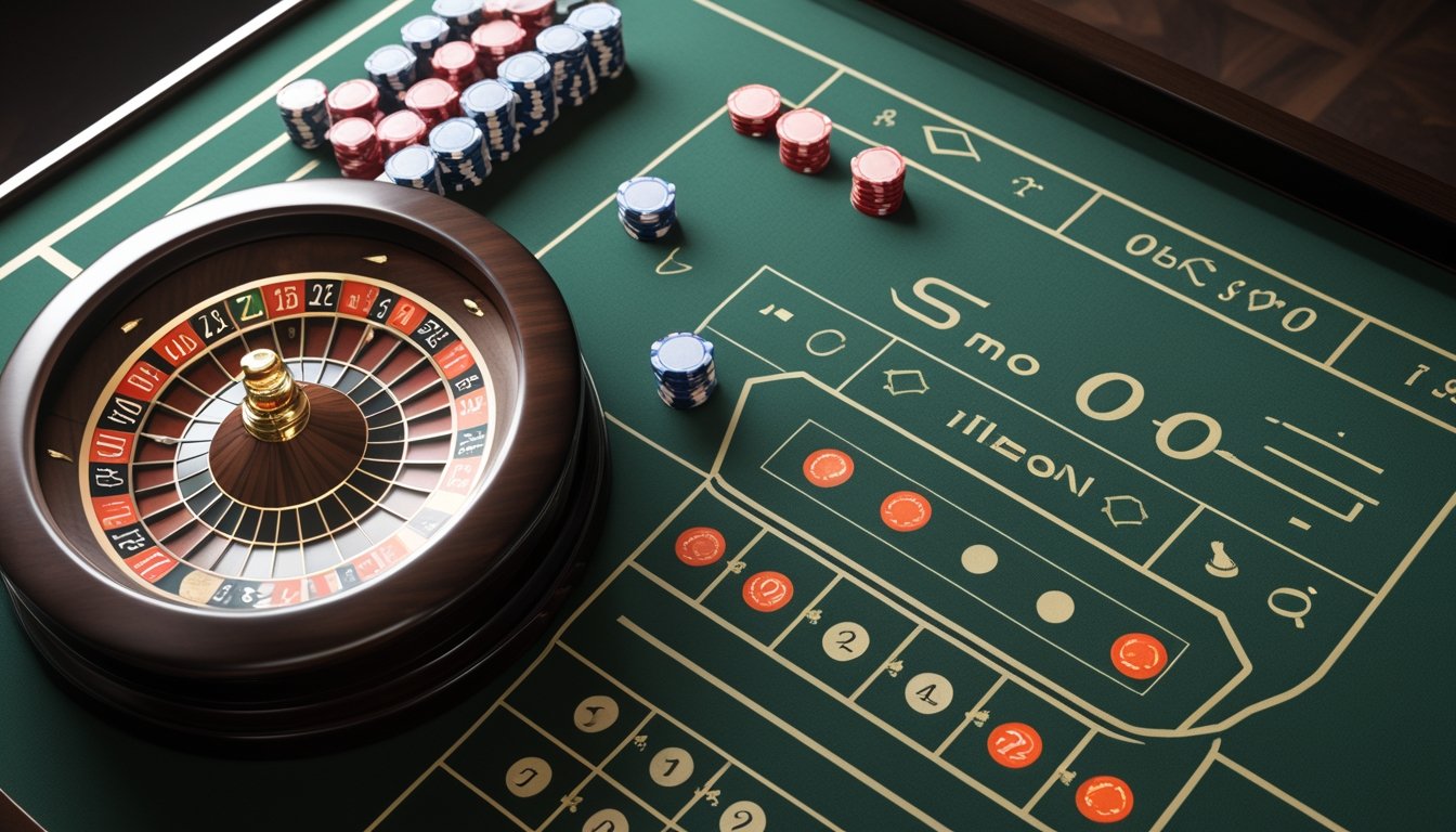 Meja roulette Amerika dengan roda roulette, keping taruhan, dan ponsel yang menampilkan permainan kasino.