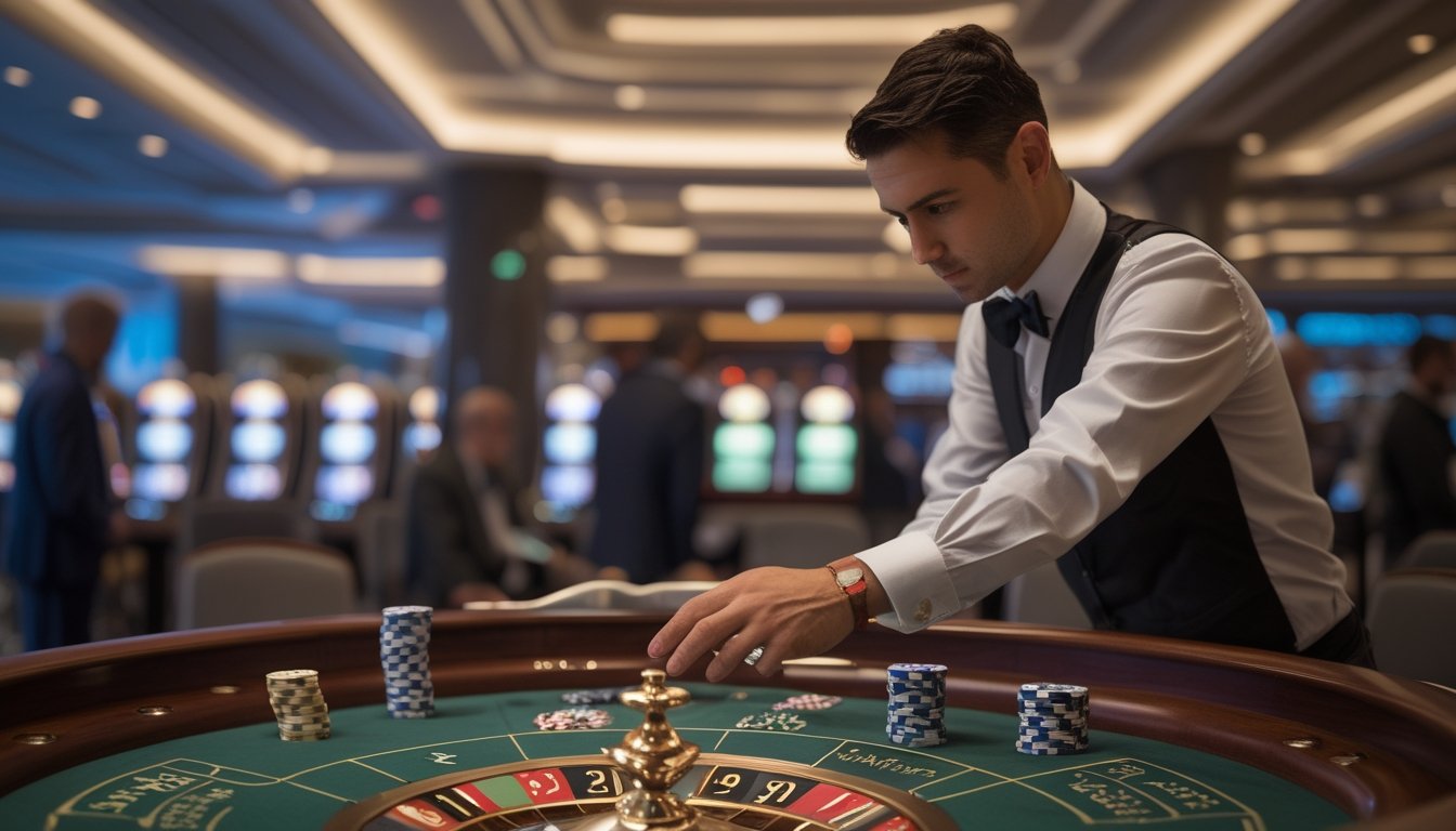 Pemain pemula tampak ragu menaruh chip secara sembarangan di meja roulette, sementara dealer menghentikan tangannya.