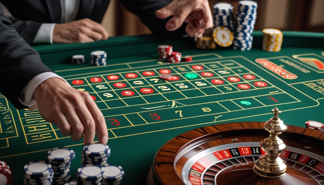 Meja roulette Amerika dengan roda roulette, chip taruhan, dan tangan pemain pemula yang tampak ragu.