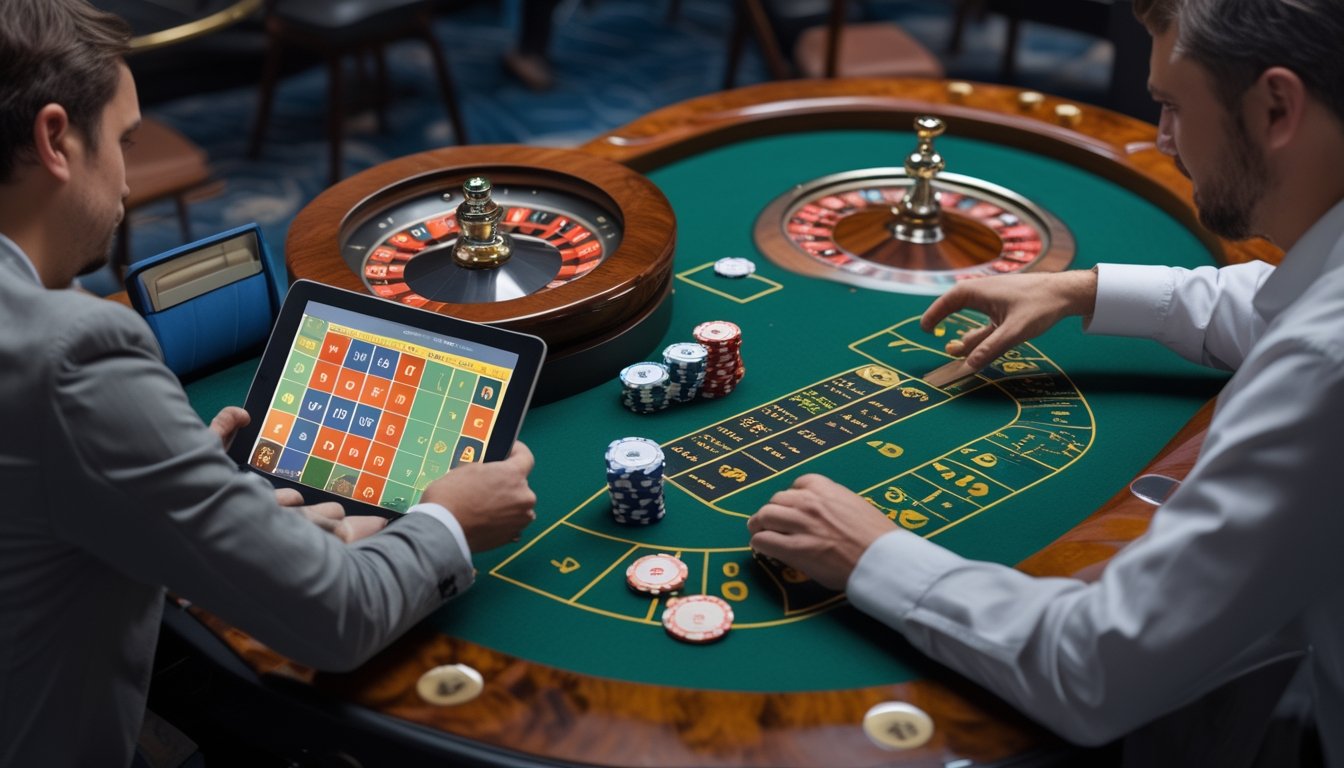 Seseorang berlatih bermain American Roulette menggunakan chip virtual di meja roulette dengan laptop.