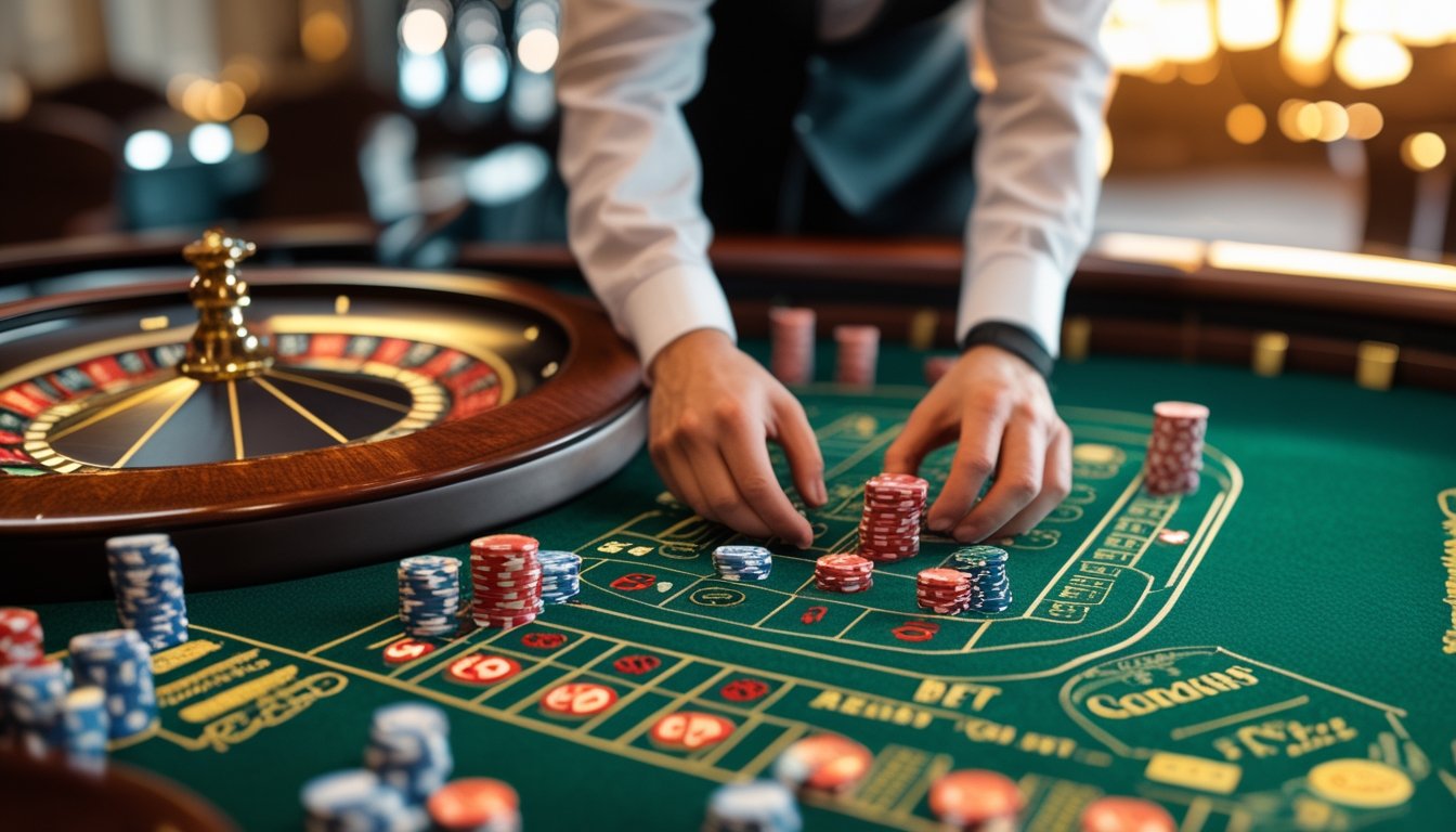 Meja roulette Amerika modern dengan roda roulette, susunan taruhan racetrack, dan keping kasino berwarna.