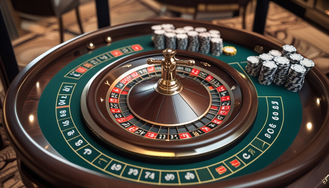 Meja American roulette modern dengan roda roulette, area racetrack, dan keping taruhan di dalam kasino.