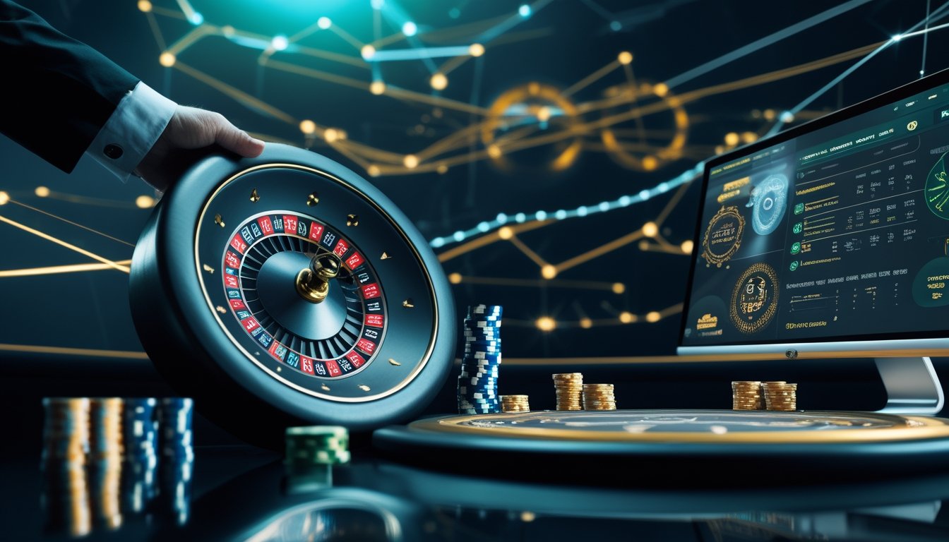 Roda roulette Amerika, chip kasino, dan layar digital dengan grafik tren di lingkungan kasino modern.