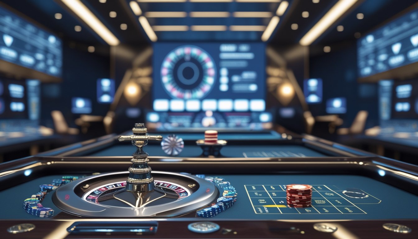 Meja roulette Amerika dengan roda roulette, keping kasino, dan latar digital modern yang menggambarkan masa depan kasino daring.