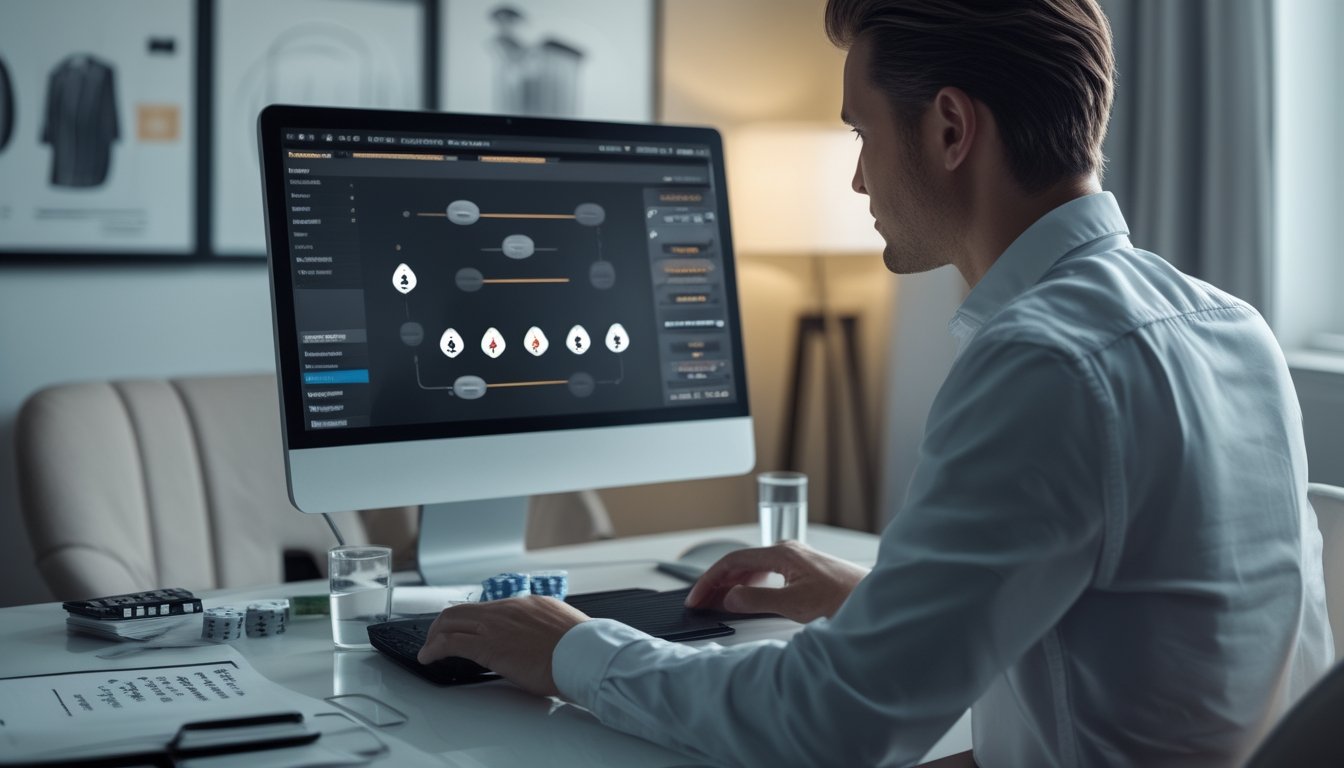 Pemain poker fokus menganalisis turnamen online di meja kerja dengan laptop, catatan strategi, dan chip poker.