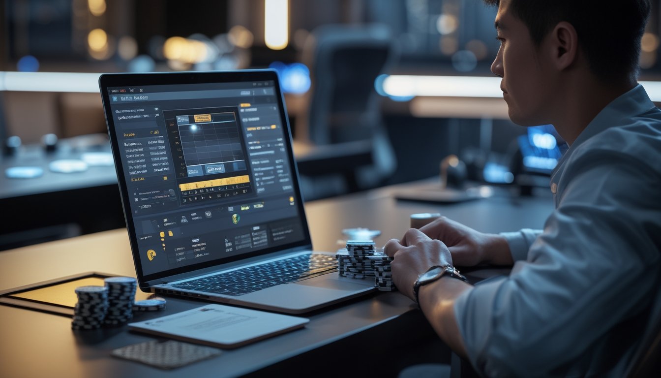 Pemain poker fokus mempelajari strategi turnamen di depan laptop dengan kartu dan keping poker di meja.