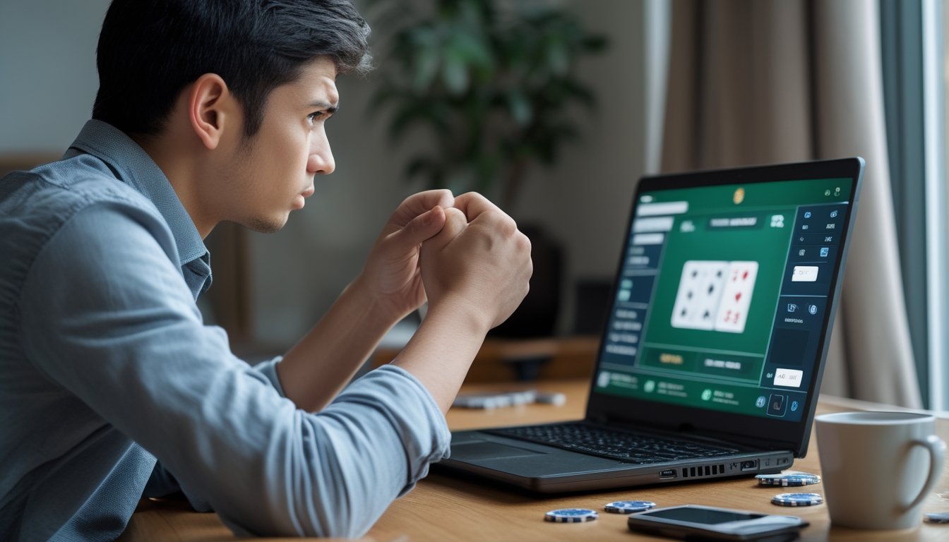 Pemula tampak cemas saat bermain poker online dengan kartu dan chip yang berantakan di meja.