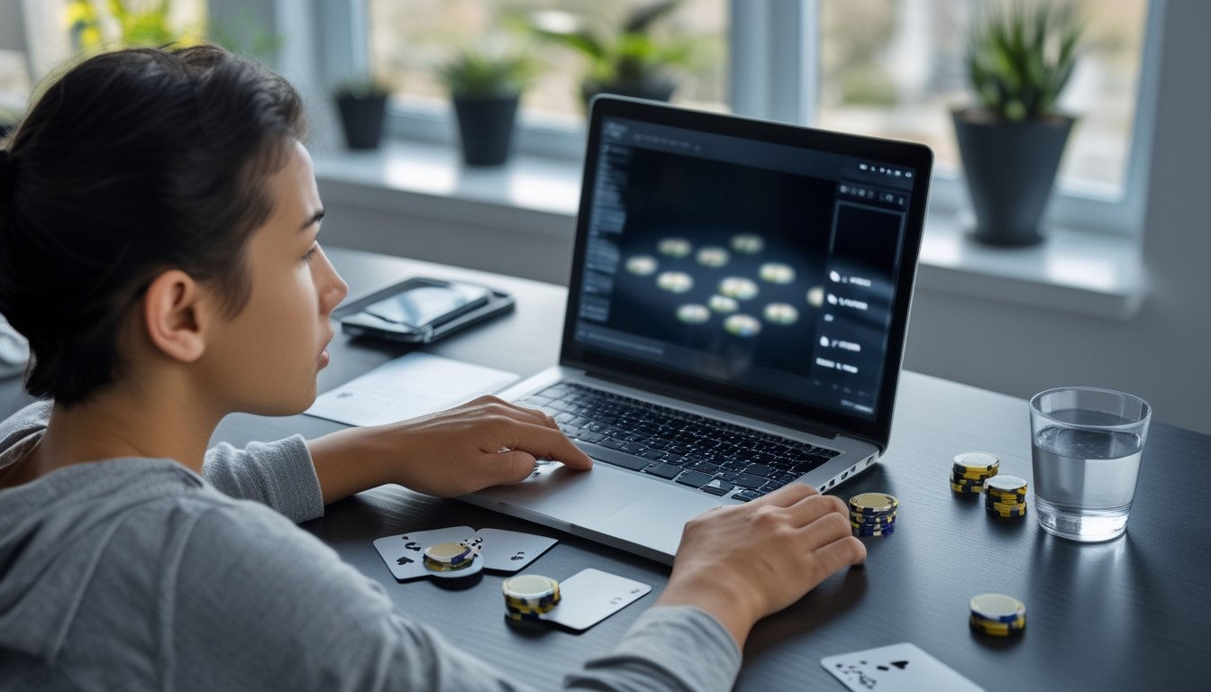 Pemula poker tampak bingung di depan laptop dengan kartu dan keping poker yang berantakan di meja.