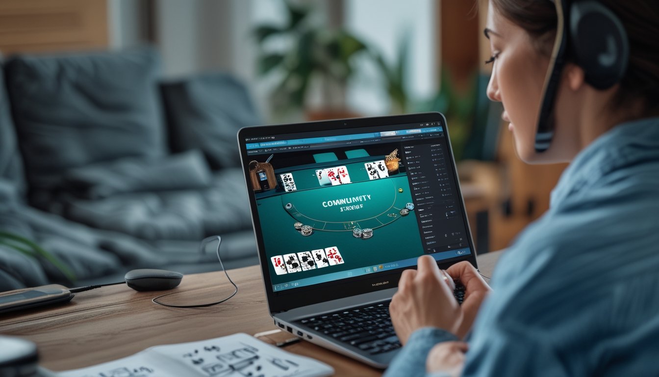 Seseorang mempelajari permainan poker online menggunakan laptop, kartu, chip poker, dan buku catatan.