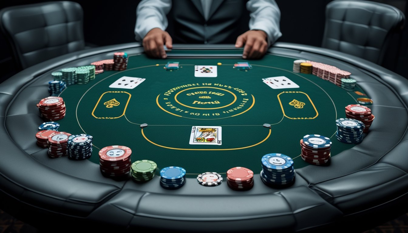 Meja poker dengan kartu, keping taruhan, tombol dealer, dan beberapa posisi pemain.