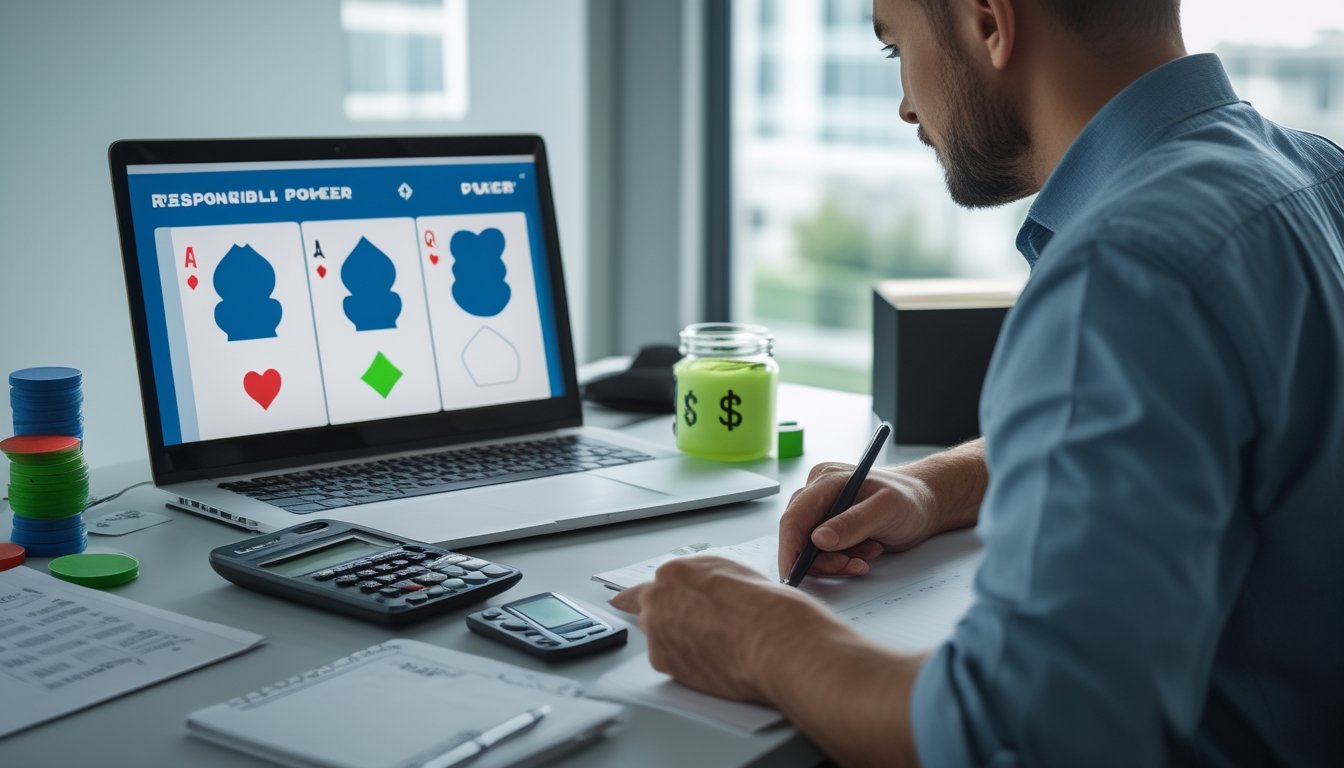 Seseorang mengatur anggaran poker online dengan kalkulator, catatan kosong, dan chip poker di meja kerja.