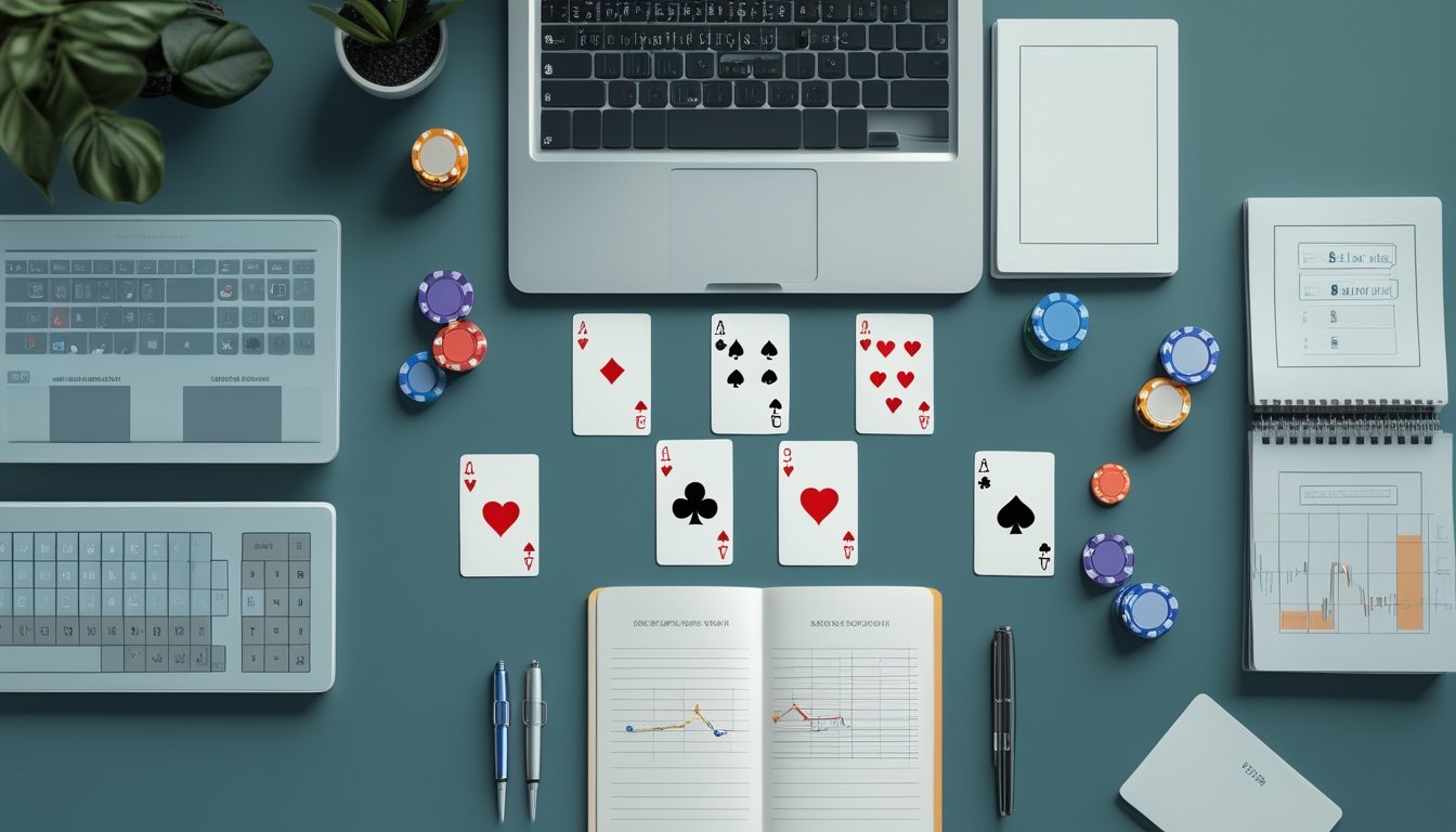 Meja dengan laptop, kartu poker, keping taruhan, kalkulator, dan grafik abstrak.