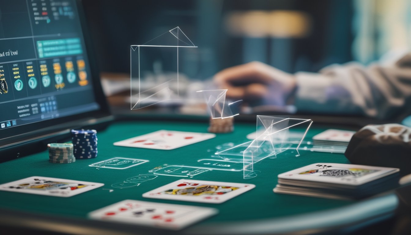 Meja poker dengan kartu, keping taruhan, dan perangkat yang menampilkan analisis permainan.
