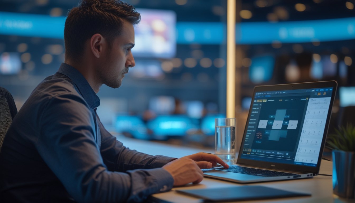 Pemain poker online dewasa sedang fokus menyusun strategi di depan laptop dalam suasana turnamen besar.