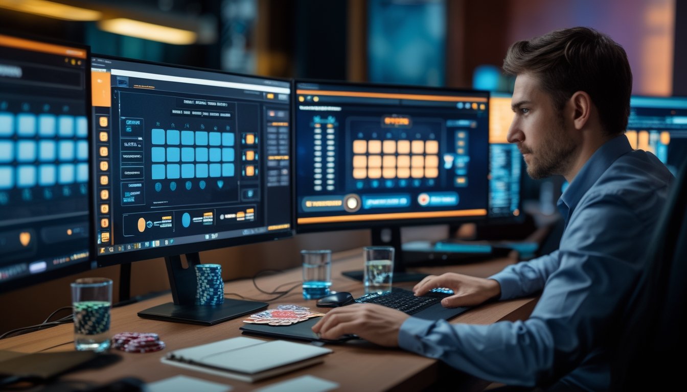 Pemain poker fokus menganalisis strategi turnamen di depan beberapa monitor dengan chip dan kartu di meja.