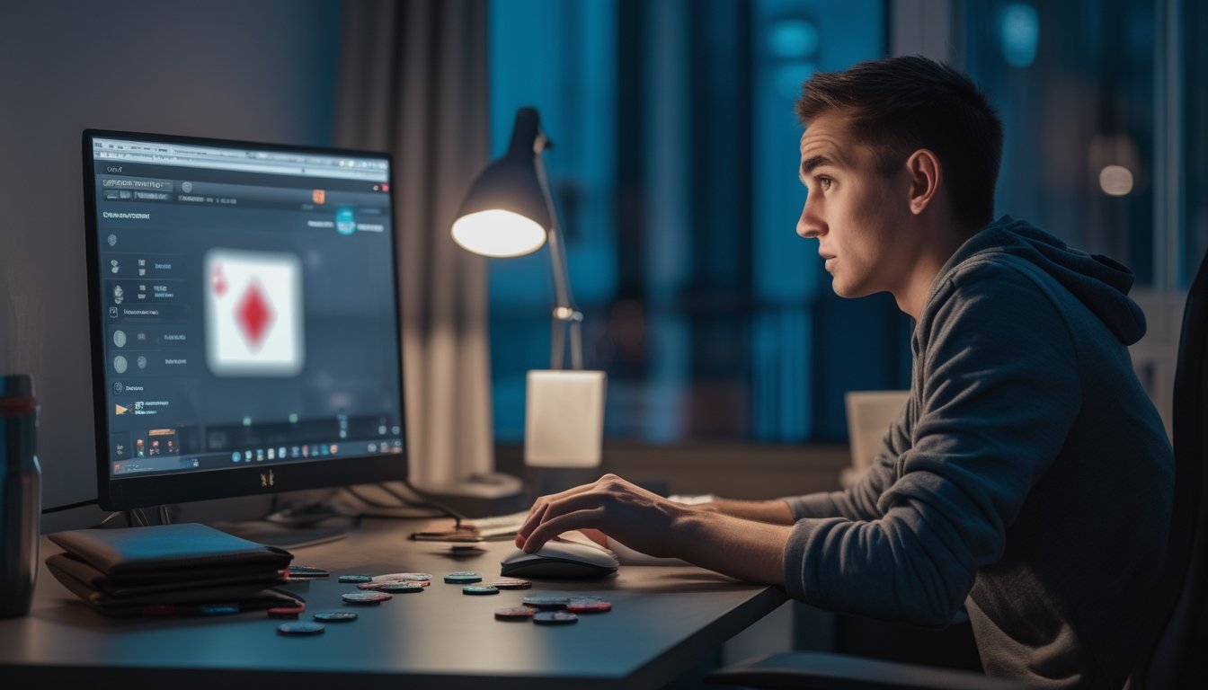 Seorang pemula tampak stres bermain poker online di depan laptop dengan kartu dan keping poker berserakan di meja.