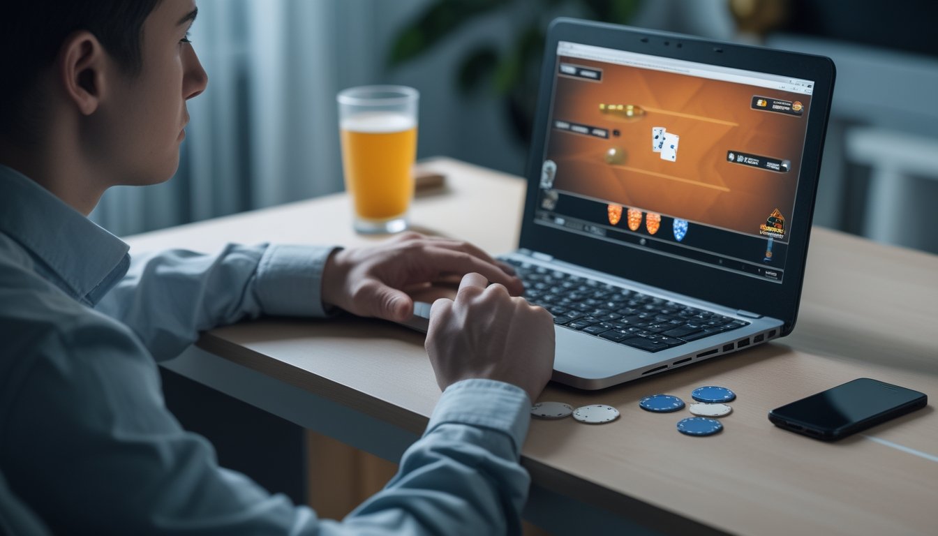 Pemula poker tampak tegang dan kehilangan fokus saat bermain di laptop dengan kartu dan chip yang berantakan.
