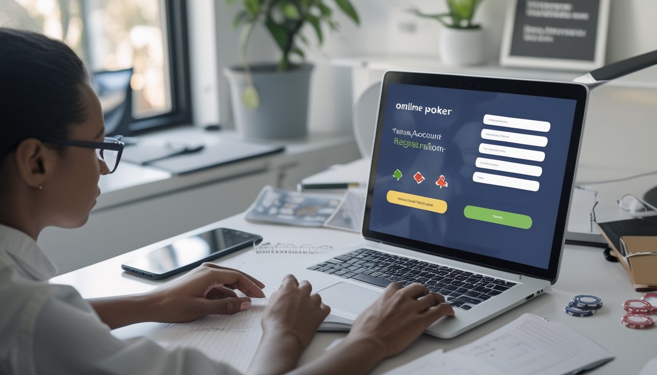 Pemula menggunakan laptop untuk mendaftar akun poker online di meja kerja dengan kartu dan keping poker.